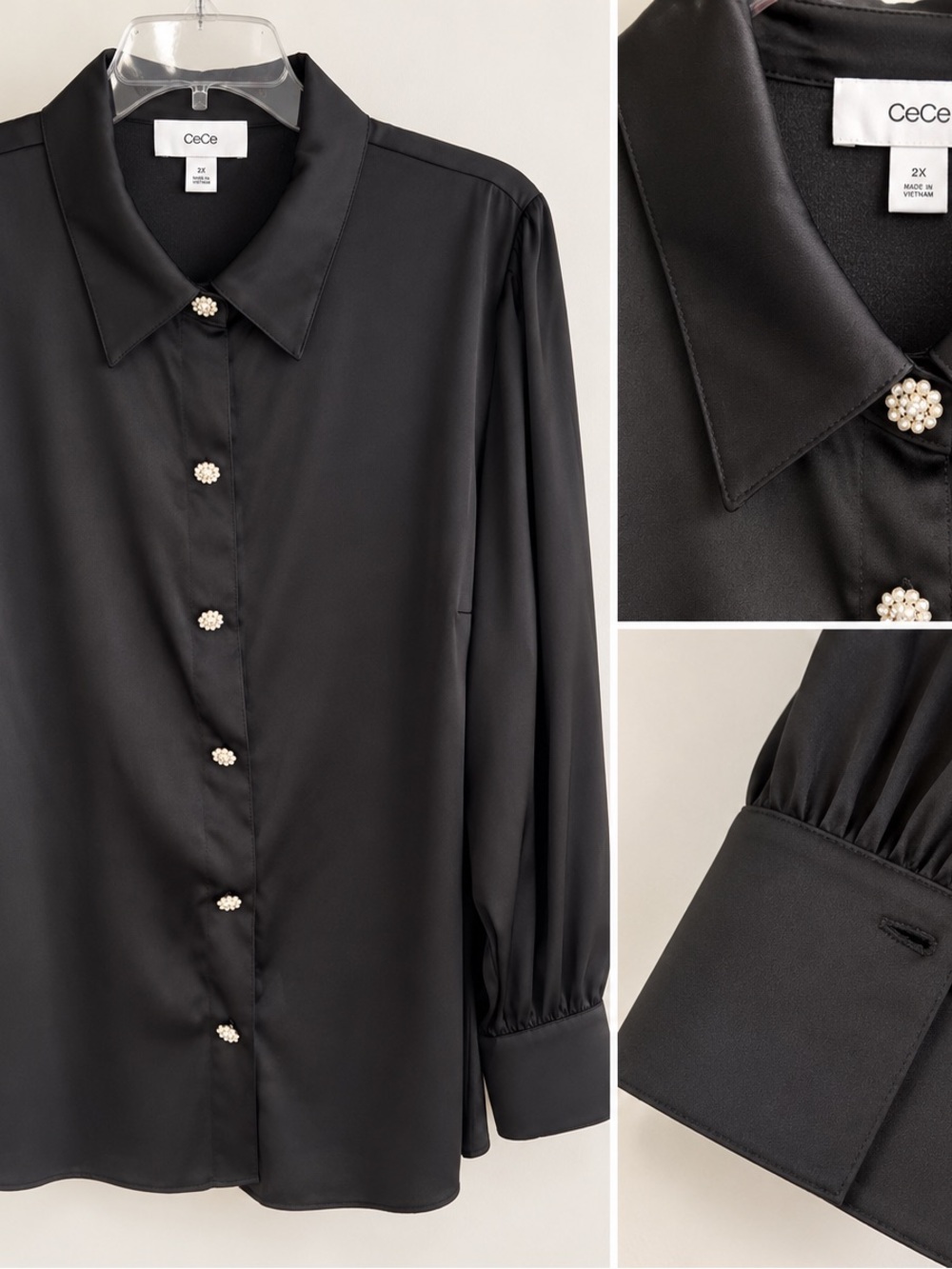 CeCe Black Blouse 2X | Jeweled Buttons | Long Sleeve | Statement Cuffs | Elegant